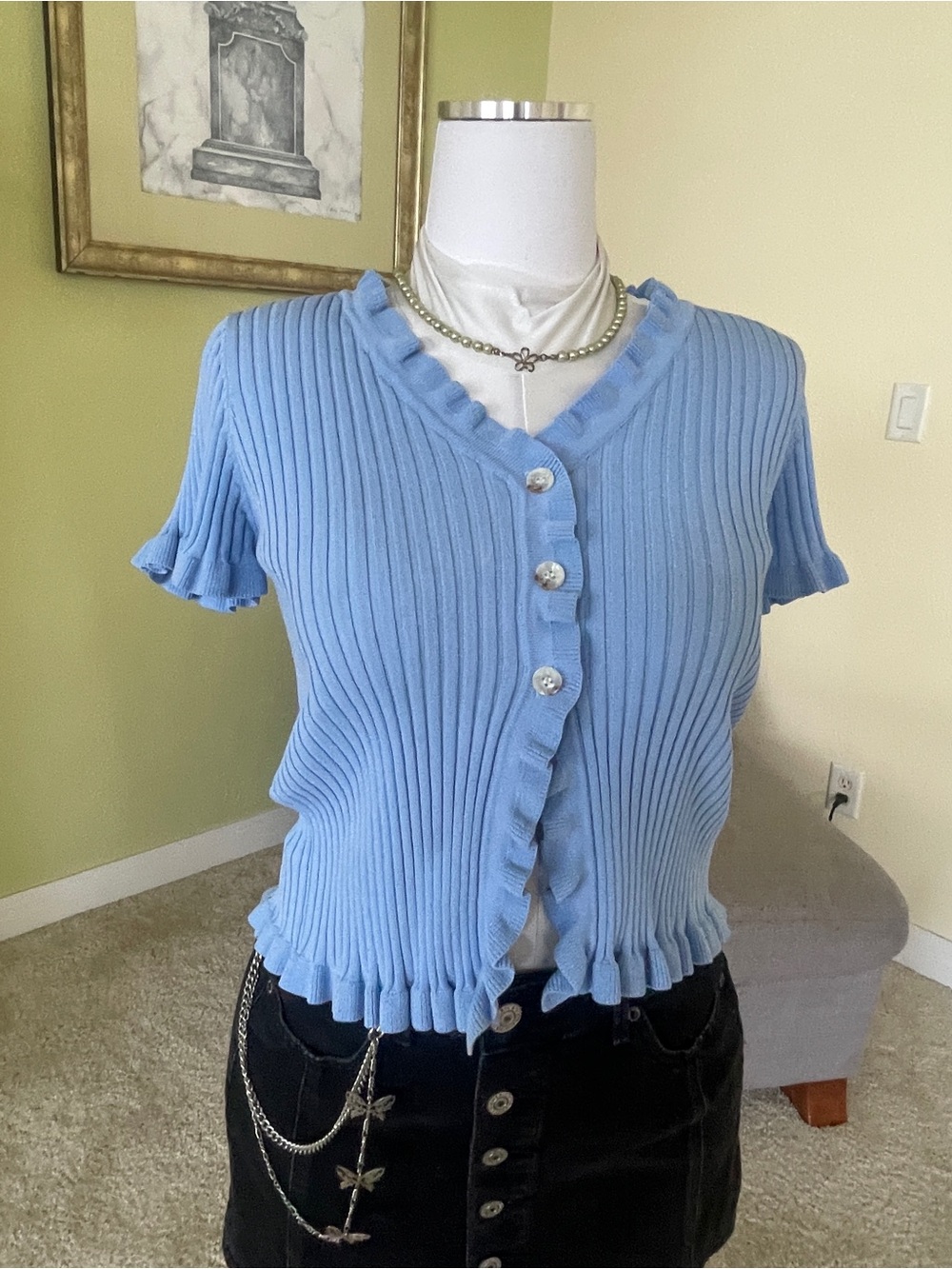Papaya Sky Blue Ribbed Ruffle Button Top - Picture 2 of 4